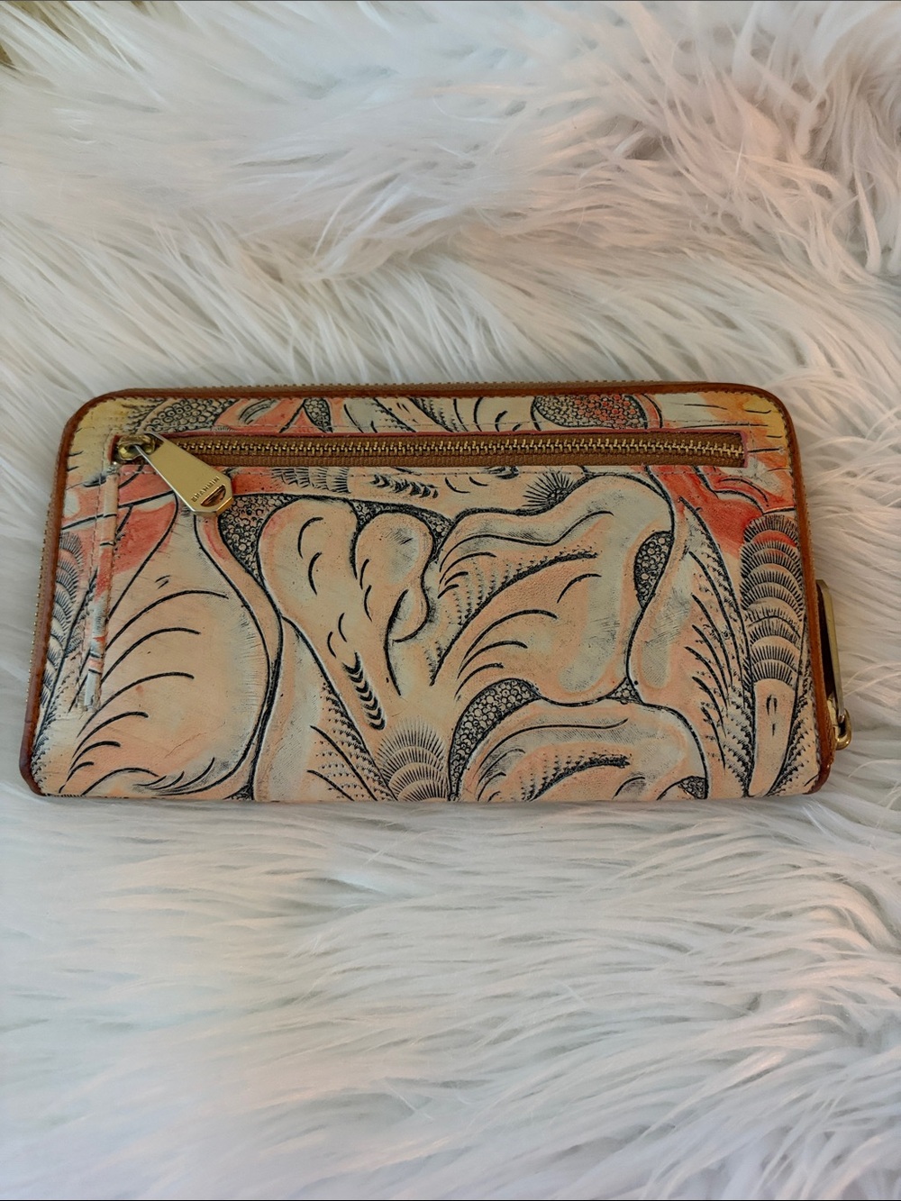 Brahmin Peach Floral Leather Zip Wallet with Gold Bar - Picture 7 of 10